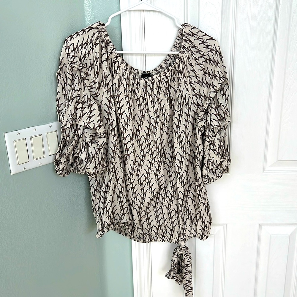 Coco Bianco Beige Womens Top Elastic Neck Tie Hem XL Blouse